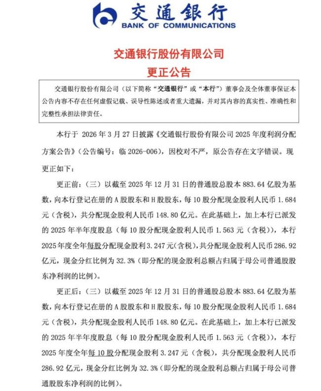 分红方案“每10股”错写“每股”，交行致歉