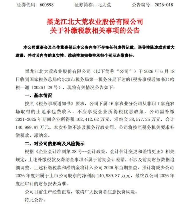 补税14.1亿！北大荒时隔12年或再现亏损