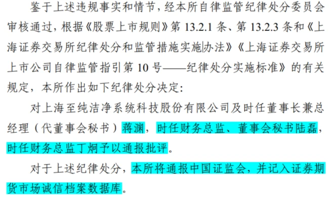 《关于对上海至纯洁净系统科技股份有限公司及有关责任人予以通报批评的决定》